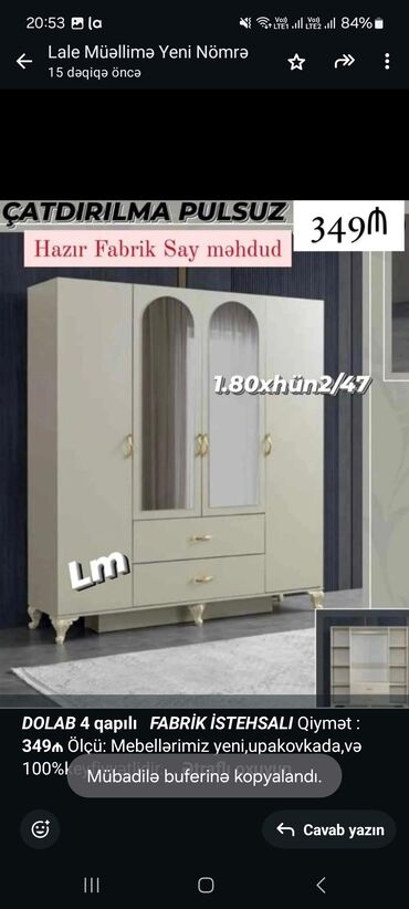 divar şkafları: *_DOLAB_* *4 qapılı* _*FABRİK İSTEHSALI*_ Qiymət : *349₼* Ölçü