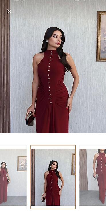 ziyafet paltarı: Bordo rəngli uzun ziyafət/libas - Model: Yaxası bağlı, qoltuqsuz — 3
