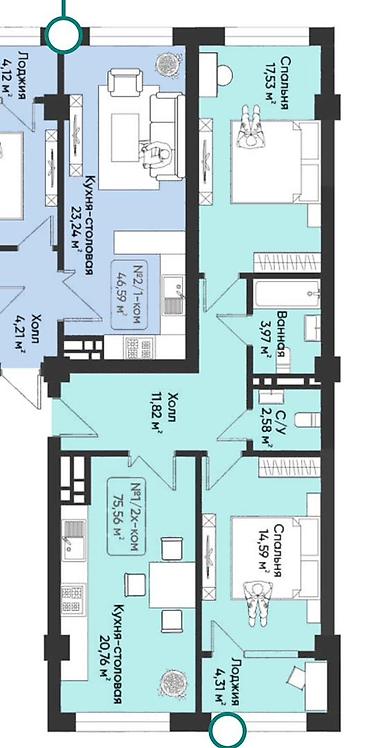 Продажа квартир: 2 комнаты, 74 м², Тунгуч мкр Элитка, 14 этаж, ПСО (под самоотделку) — 3