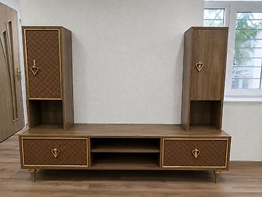 tv stendi: TV stendi və divar dolabı dəsti - Material: ağac teksturalı — 1
