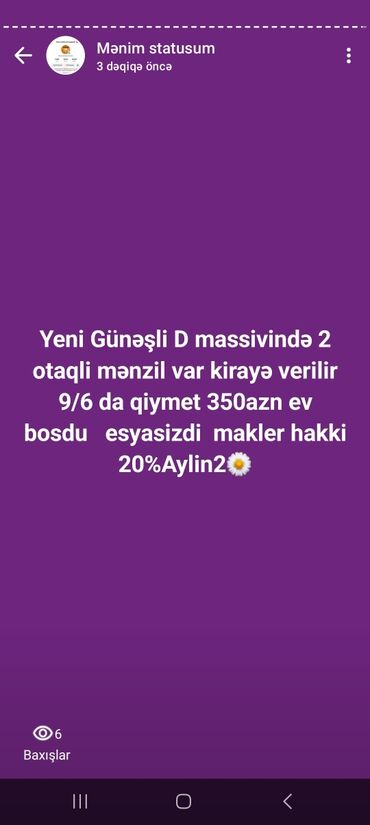 квартира вторичка 1 комнатная купить: *Yeni Günəşli D massivində 2 otaqli mənzil var kirayə verilir 9/6 da