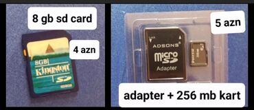Yaddaş kartları: Sd kart adapteri ve sd kart. 256 mb yaddaş karti telefon ucun. hamsi