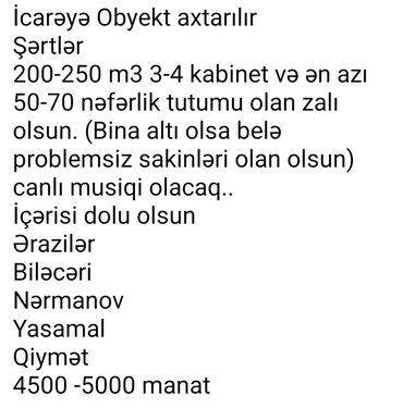 arenda obyektler: İcarəyə Obyekt axtarılır Şərtlər 200-250 m3 3-4 kabinet və ən azı