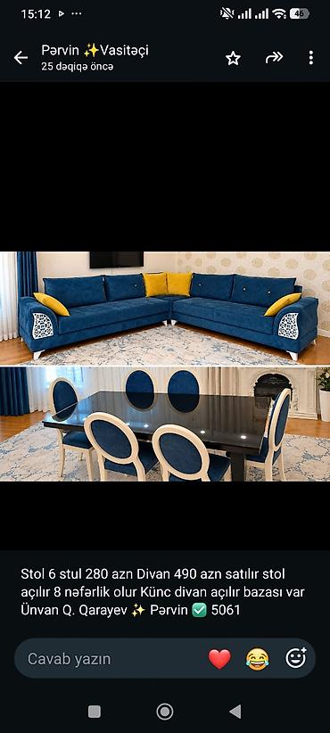Stol 6 stul 280 azn Divan 490 azn satılır stol açılır 8 nəfərlik olur