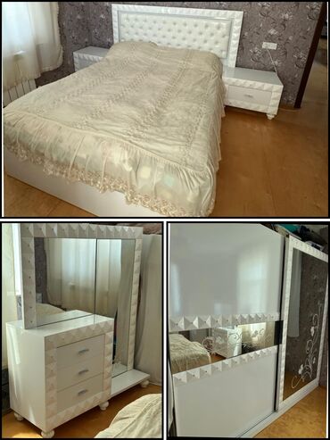 Двуспальная кровать, 2 тумбы, Трюмо, Шкаф, Б/у