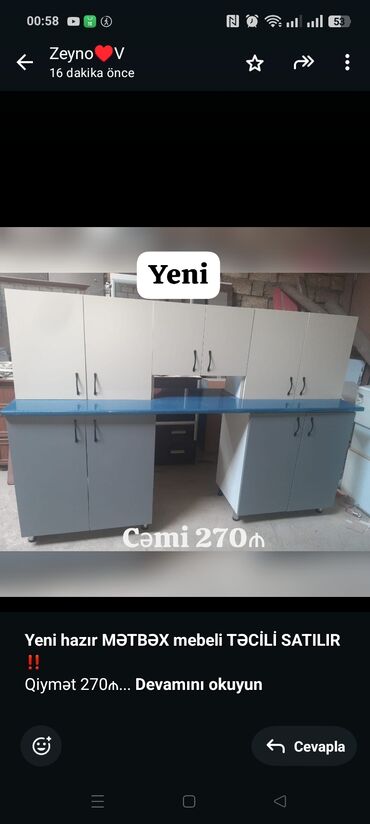 куханная мебель: *Yeni hazır MƏTBƏX mebeli TƏCİLİ SATILIR*‼️ Qiymət 270₼ ÖLÇÜ:-225