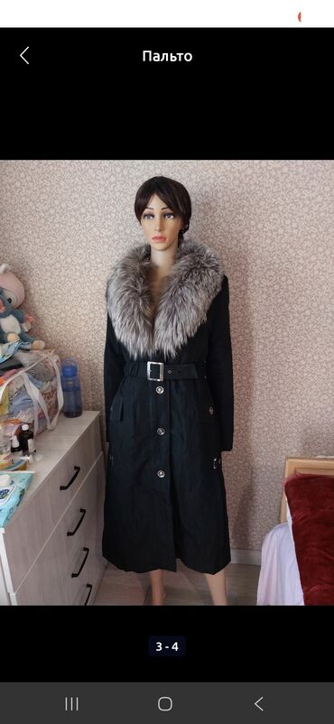 чёрный кожаный плащ: Пальто, Классика, Зима, Длинная модель, С поясом, 6XL (EU 52)