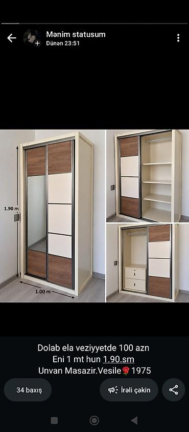 borular: 077 613 12 74 Sürgülü qapılı paltar dolabı - Ölçü: hündürlük 1.90 m — 1