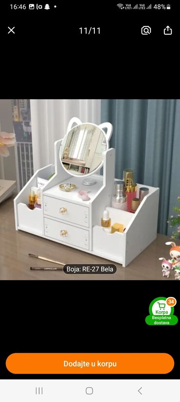 Neseseri: Organizator za kozmetiku u beloj boji sa ogledalom. Poseduje dve fioke — 1