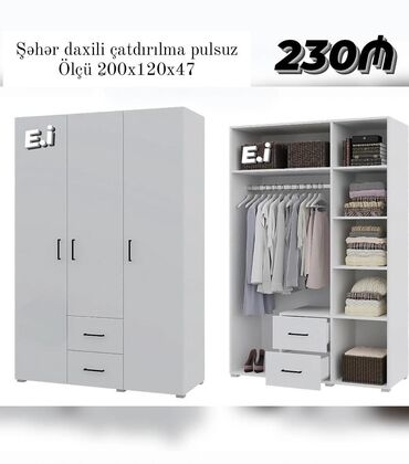 бу мебель в баку: Açılan, 3 qapılı Düz dolab, Qarderob, paltar dolabı