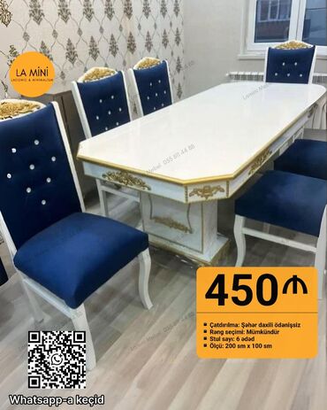 кухонные стулья: Qonaq otağı üçün, Açılmayan, Dördbucaq masa, 6 stul