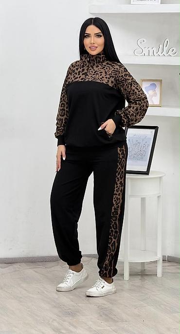 İdman geyimləri: Qadın idman dəsti – qara rəngdə, leopard detalı - 2 hissəli dəst: üst — 4