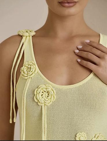ziyafet donu s: Sarı rəngli zərif trikotaj maxi don - Model: bədənə oturan, torlu — 2