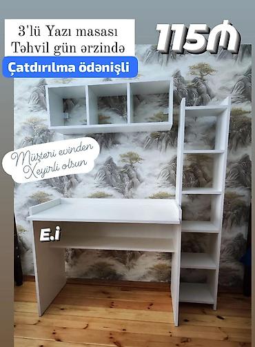 dəftər: 3-lü yazı masası – 115₼ Ağ rəngli funksional iş masası: - Masa — 1