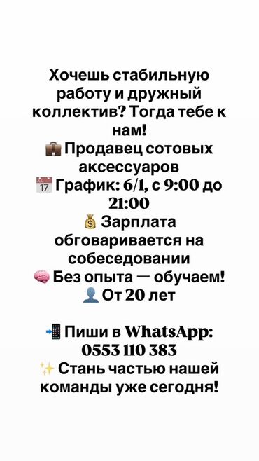 ищу работу на дому: Вакансия: продавец сотовых аксессуаров - График: 6/1, с 9:00 до 21:00