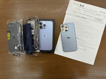 купить крутой номер телефона: IPhone 13 Pro, Б/у, 256 ГБ, Голубой, Защитное стекло, Кабель, Коробка, 85 %