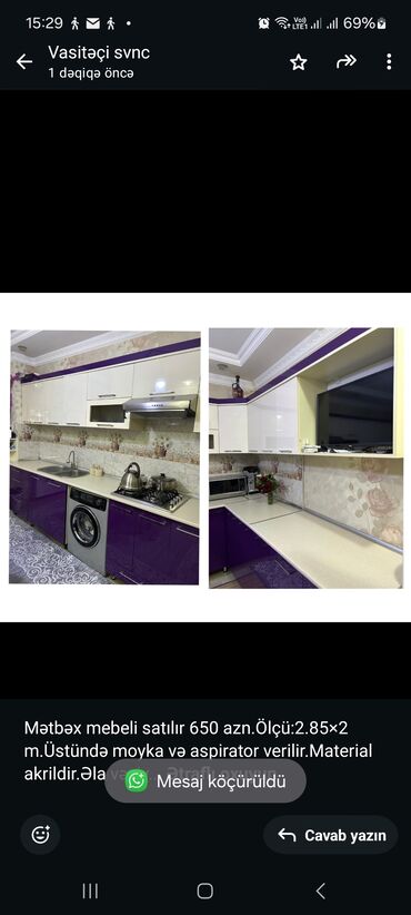 Nerjaveykalar: Mətbəx mebeli satılır 650 azn.Ölçü:2.85×2 m.Üstündə moyka və aspirator