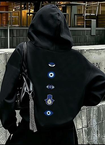 Unisex kapüşonlu sweatşört – “Nazar” printli - Arxa hissədə mavi