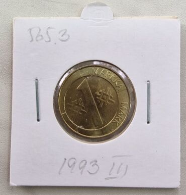 monety 1993 goda: 1 markka Finlandiya. Dövriyyədə olmayıb (UNC). 1993 il