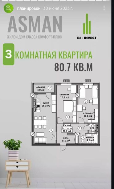 квартира продаю кок жар: 3 бөлмө, 81 кв. м, Элитка, 10 кабат