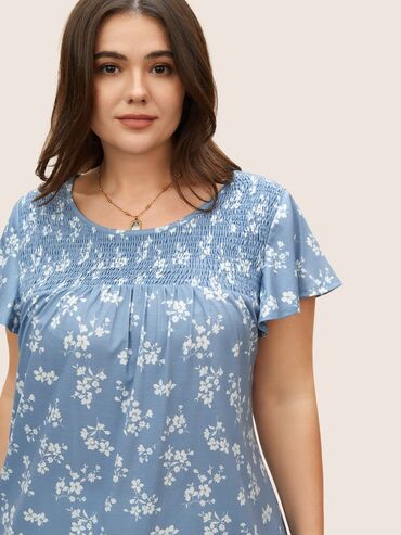 asimetrična tunika: 2XL (EU 44), Floral, color - Light blue