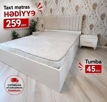 taxt tumba: Ağ rəngdə müasir yataq dəsti. Yumşaq, hündür başlıqla dizayn edilmiş — 1