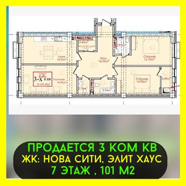 Продажа квартир: 3 комнаты, 101 м², Элитка, 7 этаж, ПСО (под самоотделку)