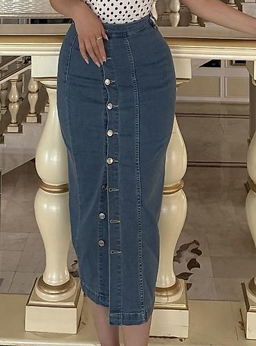 elfbar gəncə: Qadın cins ətək – midi uzunluq, yüksək bel - Material: klassik denim — 1