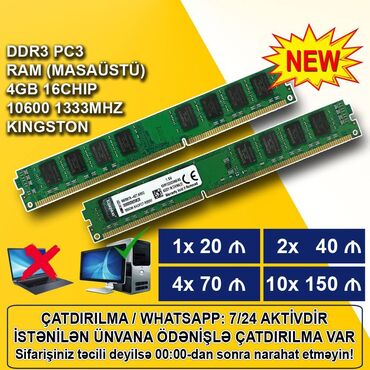 Kompüter ehtiyyat hissələri: Operativ yaddaş (RAM) Kingston, 4 GB, 1333 Mhz, DDR3, PC üçün, Yeni