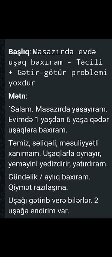 ekiz dayeler: Masazırda evdə uşaq baxımı xidməti – təcili, gətir-götür problemi — 1