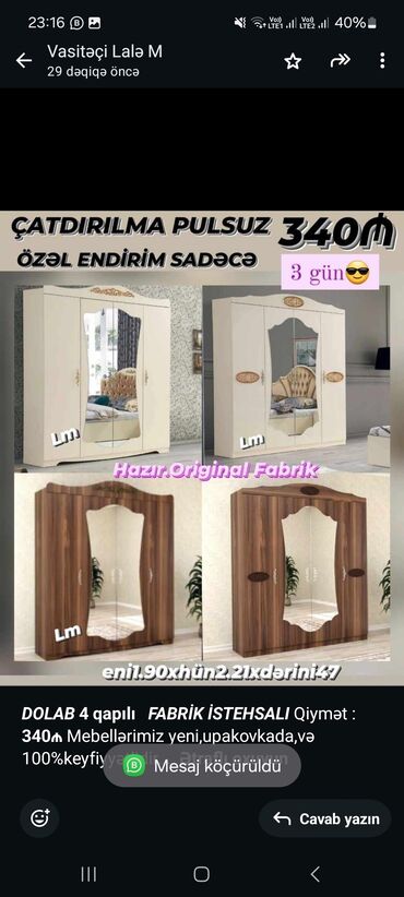 işlənmiş dolab: *_dolab_* *4 qapılı* _*fabri̇k i̇stehsali*_ qiymət : *340₼*