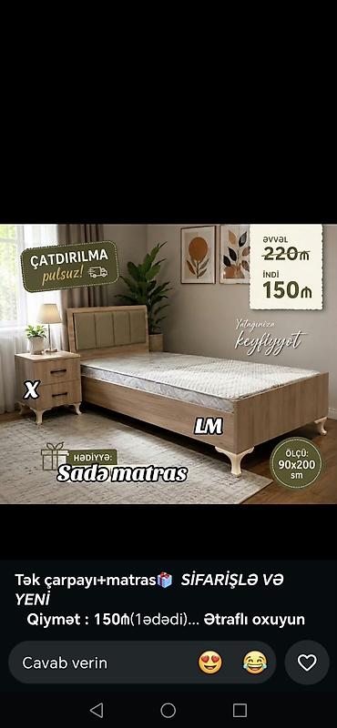 Tək çarpayı + sadə matras dəsti - Ölçü: 90x200 sm - Material: açıq lalafo.az -da Tək çarpayı + sadə matras dəsti - Ölçü: 90x200 sm - Material: açıq