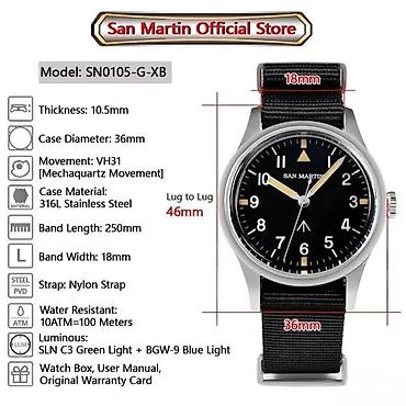 Ručni satovi: San Martin SN0105-G-XB -Crna/Black- Pilot sat- Seiko — 18