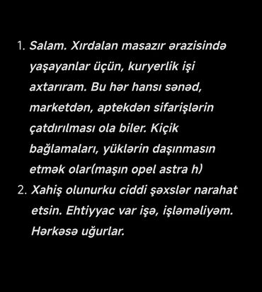 Tibb, əczaçılıq: Sürücü-kuryer tələb olunur, Şəxsi nəqliyyat vasitəsi ilə, İşəmuzd ödəniş, 3-5 illik təcrübə