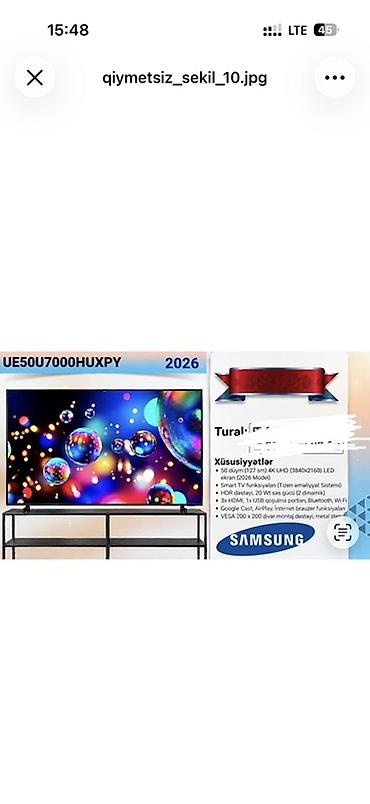 Samsung UE50U7000HUXPY 4K UHD Smart TV (2026 model) Xüsusiyyətlər: - at lalafo.az Samsung UE50U7000HUXPY 4K UHD Smart TV (2026 model) Xüsusiyyətlər: -