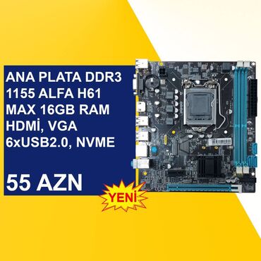 intel core i3 qiymeti: Материнская плата Alfa H61 1155 DDR3, Новый