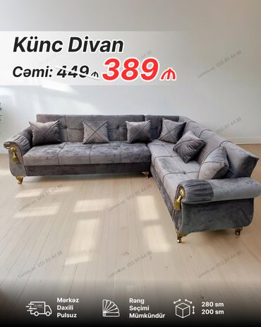 Divanlar: Künc divan, Yeni, Açılan, Bazalı, Vеlur parça, Şəhərdaxili pulsuz çatdırılma — 1