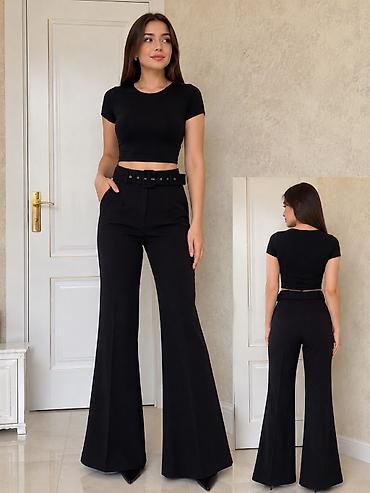 Qara rəngli qadın şalvar – hündür belli, enli balaqlı (flared) model