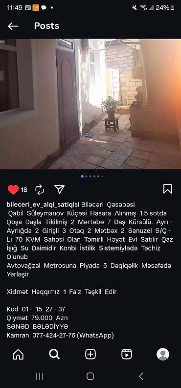 Həyət evləri və villalar: Biləcəri qəsəbəsi, Qabil Süleymanov küçəsi. Hasara alınmış 1.5 sotda — 1