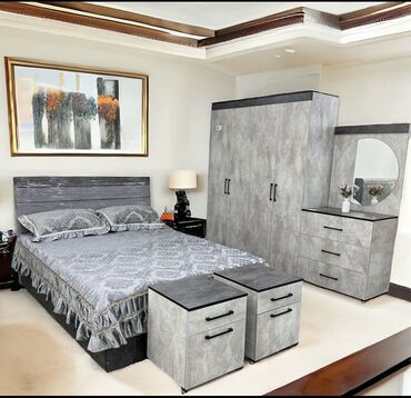 Спальные гарнитуры: Спальный гарнитур, Двуспальная кровать, цвет - Серый, Новый