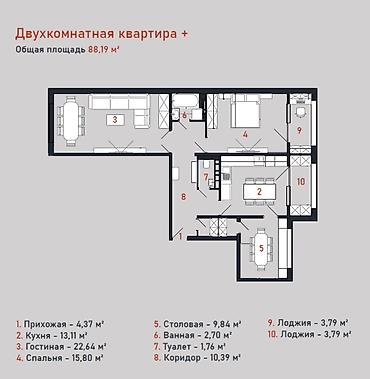 квартира 2 к: 2 комнаты, 88 м², Элитка, 2 этаж, ПСО (под самоотделку) — 4