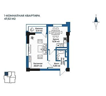 brk group: 1 комната, 47 м², Асанбай мкр Элитка, 12 этаж, ПСО (под самоотделку) — 1