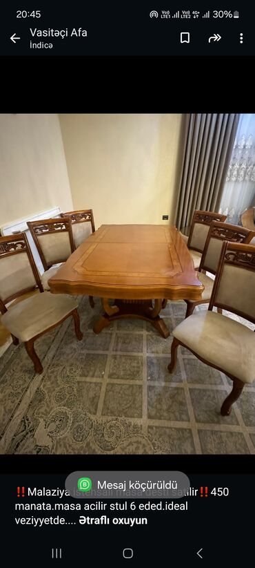 malaziya masa dəsti: ‼️Malaziya istehsali masa desti satilir‼️450 manata.masa acilir stul 6