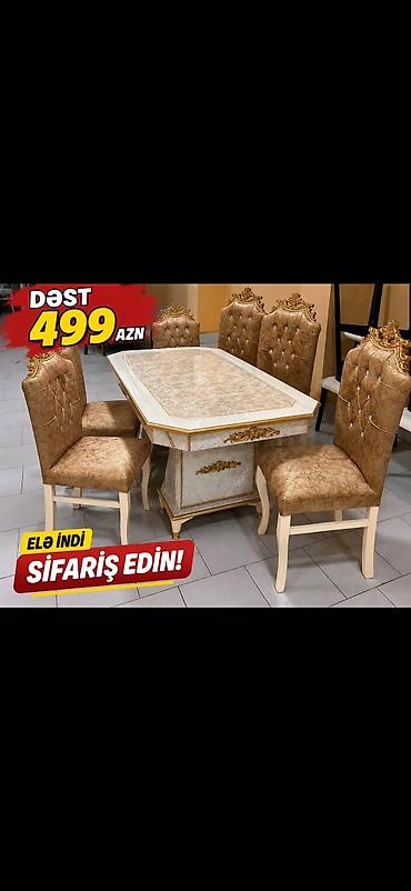 yevlax mebel: Klassik üslubda yemək otağı dəsti. Dəst 1 ədəd düzbucaqlı masa və 4 — 1