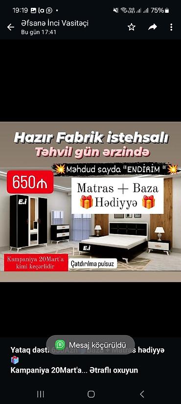 yataq ortuleri: *Yataq dəsti 650Azn🎁Baza + Matras hədiyyə🎁* *Kampaniya 20Mart'a kimi — 2