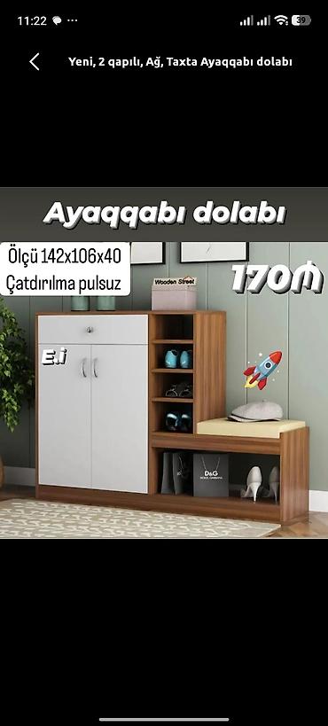 Yeni, 2 qapılı, Ağ, Taxta Ayaqqabı dolabı