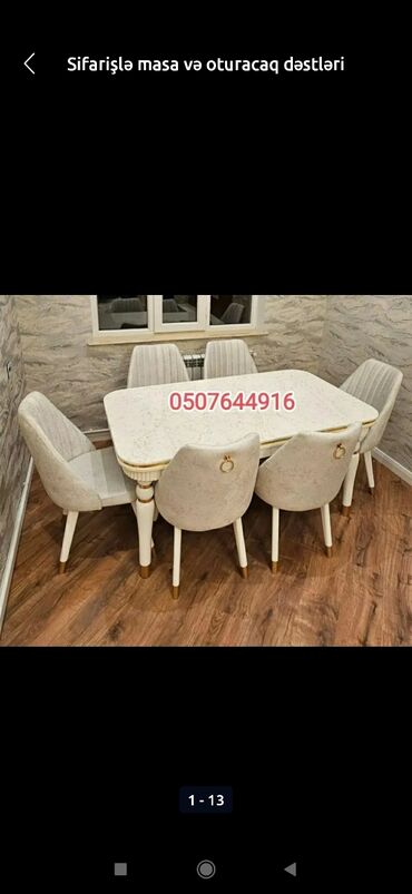 Masa və oturacaq dəstləri: Qonaq otağı üçün, Yeni, Açılmayan, Dördbucaq masa, 6 stul — 9