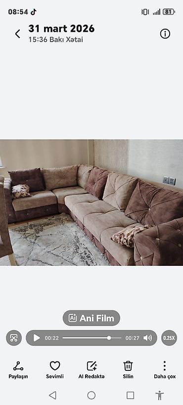 Divanlar: Künc divan – yumşaq süet/parça üzlüklü, iki tonlu (şabalıdı və bej) — 3