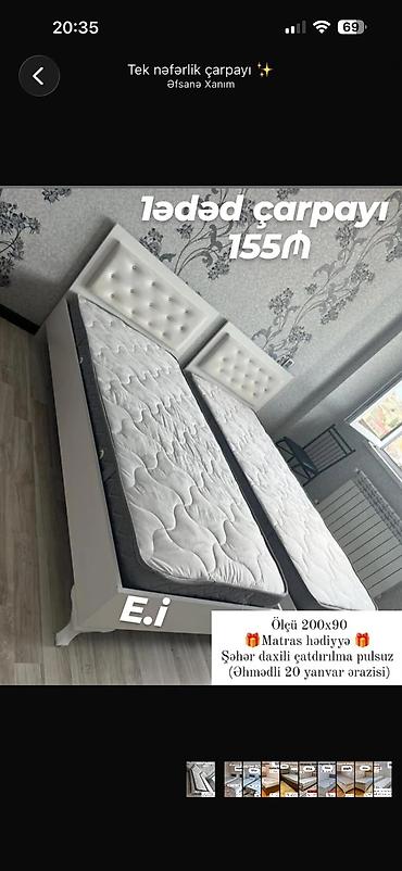 Tek nəfərlik çarpayı – 155₼ (1 ədəd) - Ölçü: 200 x 90 sm - Başlıq