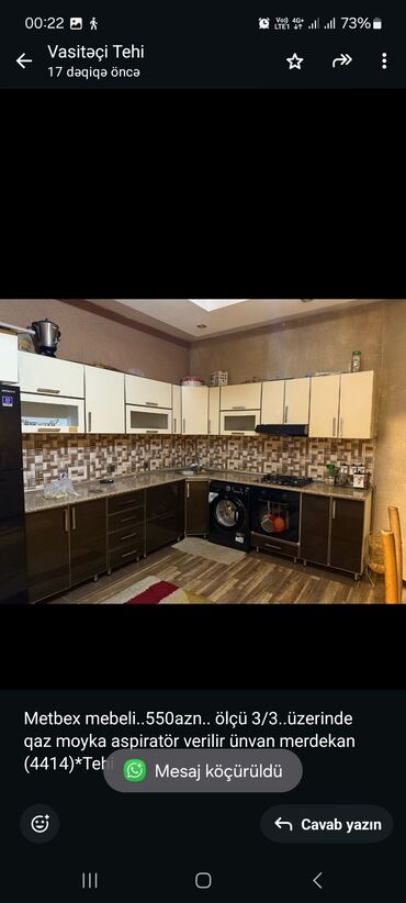 Divanlar: Metbex mebeli. 550azn. ölçü 3/3. üzerinde qaz moyka aspiratör verilir